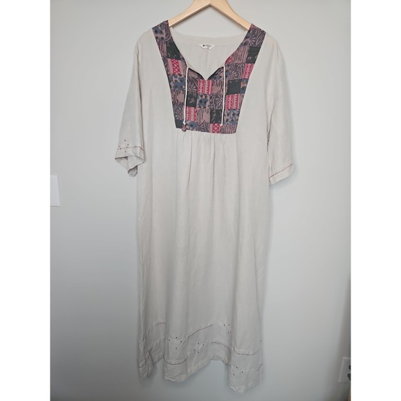 Marketplace India Dresses & Skirts - Marketplace India Dress 2W Maxi Tan Patchwork Embroidered Boho Prairie Tassels